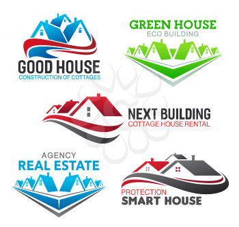 Real estate broker agency and house sale agent company icons. Vector isolated luxury mansions and premium cottage house rental, building and eco home construction