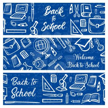 Back to School education and study supplies on algebra mathematics formula pattern background. Vector Welcome Back to School banners with student bag, college graduate cap or laptop computer and clock