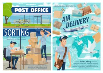 Mail delivery and post office postman. Vector mailman at sorting center with postage stamp, worldwide air delivery of parcels, envelopes and letters or correspondence journals