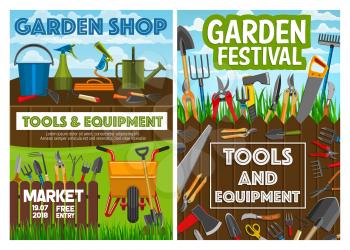 Gardening equipment, farmer planting tools and garden shop posters. Vector farming agriculture rakes, tree secateurs or farmer and gardener spade, watering can and agronomy inventory