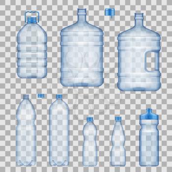 Water bottles, capacious and portable, sportive with dispenser. Realistic vector empty plastic containers with covers, vessels mockups. Liquids package, isolated on transparent background