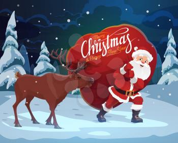 Santa Claus and Christmas reindeer walking with gifts red bag through winter forest and snowy trees. Merry Christmas and Happy New Year holidays greeting card. Vector design