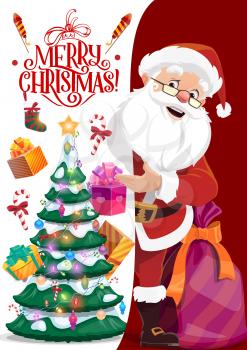 Santa Claus and paper with Merry Christmas wishes, vector Xmas tree. Winter holiday, fairy character and greetings. Fir in garland and gift box, sock and firework rocket, present sack and elderly man