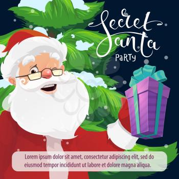 Secret Santa party vector invitation with Claus, gift and Christmas tree, present box with ribbon bow and snow. Xmas and New Year winter holidays celebration