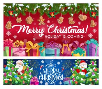 Merry Christmas and Happy New Year greeting. Vector Santa Claus and snowman, Xmas tree and gifts, gingerbread cookies and gift boxes, cane candies and sack. Branch and cones, snowflakes and firework