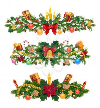 Christmas garland and decor, Xmas tree branches. Vector fir or spruce, candle and holly plant, garland and balls, gingerbread cookies and fireworks. Jingle bells and cones, gift boxes