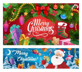 Merry Christmas winter holiday celebration wish banners. Vector Xmas tree decorations, Santa and gifts in stocking sock, holly and gingerbread cookie biscuit with candy canes and snow tinsel