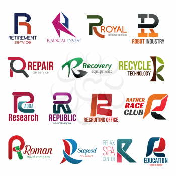Corporate identity letter R business icons. Vector retirement, finance and technology, repair, equipment and ecology, science. Advertising and hiring, transport and travel, food and recreation