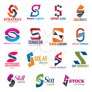Corporate identity letter S business icons. Logistic and support, finance and Internet, medicine and sewing, technology and shopping, education and supply. Vector emblems, signs and symbols isolated