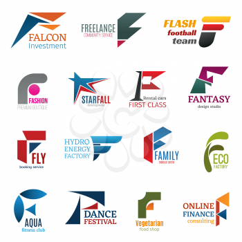 Corporate identity letter F business icons. Vector finance and work, sport and fashion, development and transport, rent and design. Booking and energy, medicine and ecology, activity and hobby, food