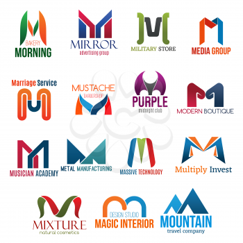 Corporate identity letter M business icons. Vector bakery and advertising, army and media, marriage and barbershop. Entertainment and fashion, music and manufacture, technology and finance, beauty