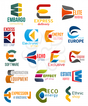 Corporate identity letter E business icons. Vector consulting and delivery, holding and travel, technology and energy, software and transport, building and shopping. Vector emblems, signs or symbols