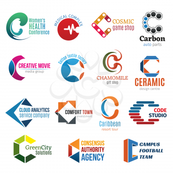 Letter C business corporate identity icons vector. Health and medicine, games and car service, media and factory, shopping and design, analytics and investment. Traveling and ecology, football agency