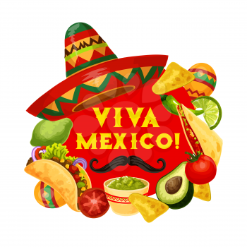 Cinco de Mayo Mexican holiday poster, viva Mexico celebration fiesta quote. Vector Cinco de Mayo sombrero with mustaches, maracas and traditional food avocado guacamole, tomato salsa and burrito