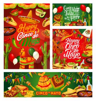 Cinco de Mayo Mexican holiday celebration calligraphy greetings. Vector Mexico flag balloons, Cinco de Mayo fiesta food, poncho, sombrero and maracas, tequila with avocado, pinata and quesadilla