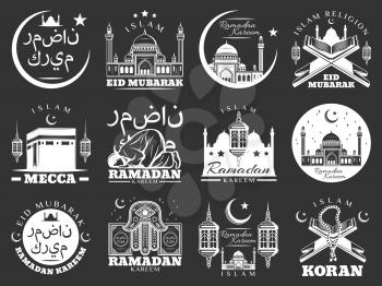 Islam religious holidays icons for Ramadan Kareem and Eid Mubarak greeting cards design. Vector symbols Muslim mosque in Mecca, crescent moon and star with Arabic script writings and religion symbol