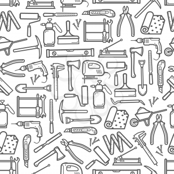 Construction DIY tools seamless pattern. Vector thin line tools icons background of handyman carpentry hammer, woodwork plane grinder or painting brush and drill with saw and wallpapers