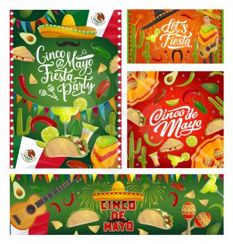 Cinco de Mayo fiesta party sombreros, guitars and maracas, Mexican holiday vector greeting cards. Tequila margarita, cactus and Mexico flag, chilli tacos, nachos and avocado, moustaches and fireworks