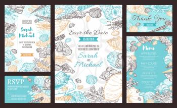 Save the Date invitations and wedding dinner party menu. Vector marine seashells and nautical corals sketch pattern, RSVP bride and groom wedding and engagement celebration date