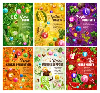 Color diet healthy food and vitamins in fruits and vegetables. Vector organic natural nutrition salads and berries, green detox or red heart health and citrus cancer prevention color diet
