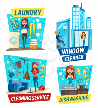 Home cleaning, laundry and dishwashing housekeeping service. High rise window cleaner and housewife in apron washing kitchen plates with soap and sponge, detergent, vacuum cleaner and floor mop