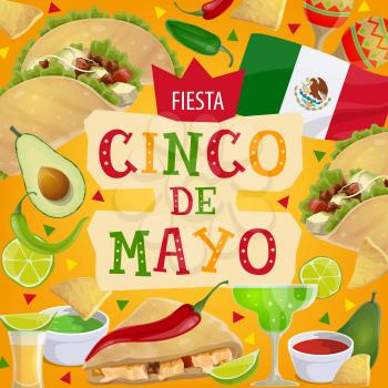 Cinco de Mayo fiesta party celebration in Mexico. Vector Mexican traditional holiday Cinco de Mayo greeting and symbols, avocado with chili jalapeno pepper, margarita cocktail and quesadilla