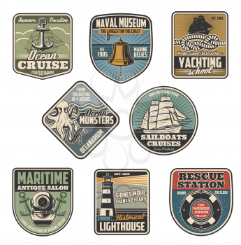 Marine icons and heraldic nautical symbols. Vector seafarer sailing badges of ship anchor, lifebuoy or lighthouse and diving aqualung with captain bell and ocean monster