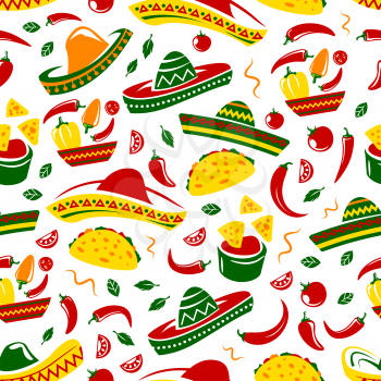 Mexican cuisine seamless pattern. Vector background of sombrero, chili or jalapeno pepper and Mexican food tacos, burrito or nachos and avocado guacamole salsa or traditional Cinco de Mayo pattern