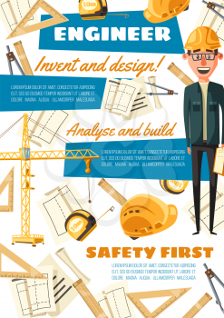 Construction and building engineering profession. Vector constructor engineer man with work equipment and tools, crane or safety helmet and construction project with ruler and compass pencil
