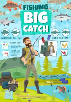 Lake or river fishing sport. Fisherman with rod and rubber boat catching fish, trout or perch and pike on lures and tackles, fisher camping tent and equipment, thermos, haversack and floats