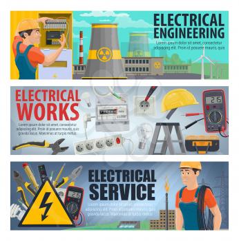 Electrician tools, energy power and electricity instruments. Vector electric technician service ammeter and voltmeter, home plug and socket, power plant and eco energy windmill