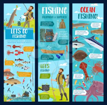 Sea and ocean fishing adventure, marlin, tuna or seafood octopus and salmon fish catch. Vector cartoon fisherman with rod on paddle boat at river fishing pike and lobster