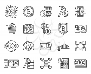 Cryptocurrency icons with crypto currency coin, bitcoin wallet and exchange calculator, blockchain, mining and encryption key, digital money secure transaction and payment vector symbols