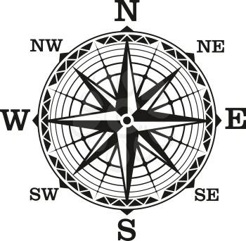 Compass wind rose, vector icon. Old vintage nautical navigation sign with star scale of north, south, east and west directions. Marine travel, adventure, sea discovery or ancient cartography theme