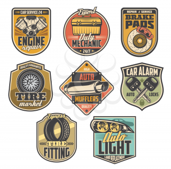 Car service vintage badges with auto repair tools and automotive spare parts. Motor vehicle engine, tyre and wheel, brake pads, auto lights and car alarm key vector symbols, mechanic garage station