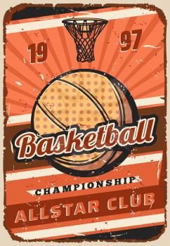 Basketball sport game championship match vector poster, ball and basket on orange court. Basketball playoff league sporting tournament announcement with sporting items