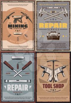 Construction, repair and mining industry work tools. Vector drill, hammer and wrench, paint roller, builder toolbox and miner pickaxe, wheelbarrow, ruler and screw. Vintage signboard