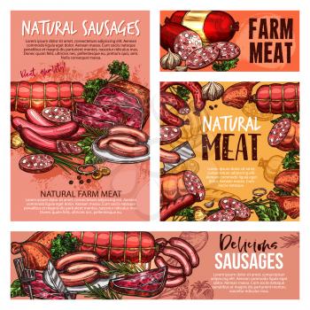 Meat sausages, pork ham and beef steak, salami, chicken legs and bacon slices, lamb roast, gammon, burger patty and pepperoni, vector sketches. Butcher shop products and barbeque meal