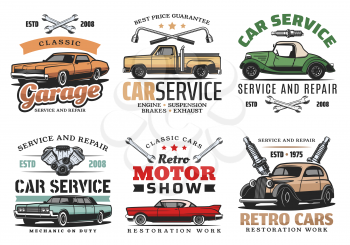 Car repair service, retro motor show and auto mechanic garage icons of vintage vehicle with wrench, spanner, spark plugs and car motor. Symbol, emblem and sign vector