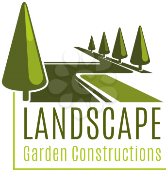 Landscape sign for gardening business. Vector symbol of landscape garden constructions. Vector sign for landscape design company. Creative design for horticulture business. Emblem with green trees