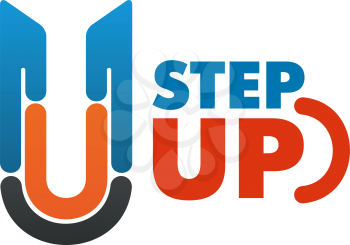 Step up concept vector sign. Vector emblem for coaching business company. Symbol of progress and rising. Creative design for success increase company. Red and blue colors badge