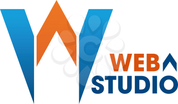 Web studio vector sign. Emblem for web design studio. Vector badge in orange and blue colors isolated on white background. Creative design for web development company. Sign for digital business