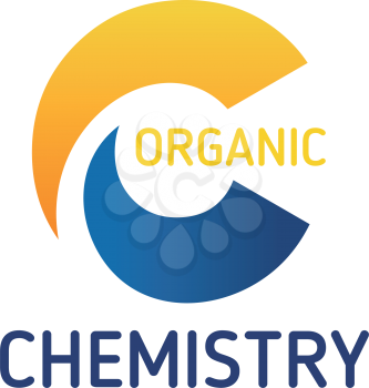 Organic chemistry vector sign. Laboratory research technology concept. Organic bio laboratory vector emblem. Chemistry laboratory badge in yellow and blue colors, isolated on white background