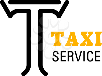 Letter T icon for Taxi service company in yellow and black colors. Vector isolated letter T symbol for transportation agency or mobile taxi transport or carsharing and carpool application