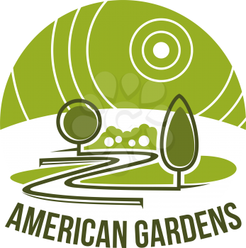 Gardens landscape association icon of green trees forest or park square for landscaping design company or eco environment concept design. Vector park trees or urban ecology garden horticulture