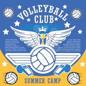 Volleyball sport game summer camp vector poster with trophy cup. Ball and whistle, crown and angel wings, trophy cup and net. Summer sporting camp for children, game items, tournament or championship