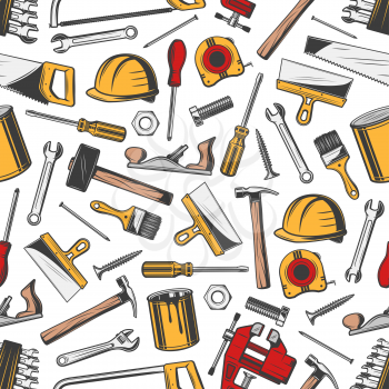 Construction and repair tools vector seamless pattern. Helmet and screwdriver, hammer and file, wrench and screw, brush or paint jar, ruler and nail. Equipment, tools and instruments texture