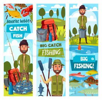 Fisherman and ammunition, fishing sport. Fisher with rod and paddles, hook and bait, carp and trout, herring and salmon, lobster and pike. Camping equipment of backpack and kettle, net full of fish