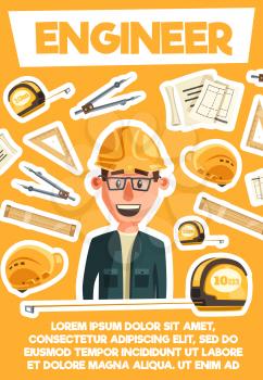 Engineer or architector profession. Building construction or housing project. Vector cartoon engineer man in safety hat with work tools. Rulers and crane, tape measure or compasses, scheme draft
