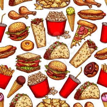 Fast food seamless sketch pattern. Vector fastfood background of hot dogs, burgers or sandwiches and ice cream desserts, Mexican burrito, cheeseburger or hamburger and and popcorn pattern